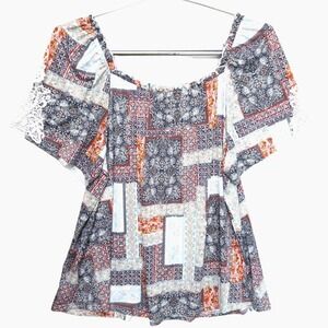 Stem & Vine Patchwork Square Neck Crochet Lace Ruffle Trim Top Womens 3X Plus